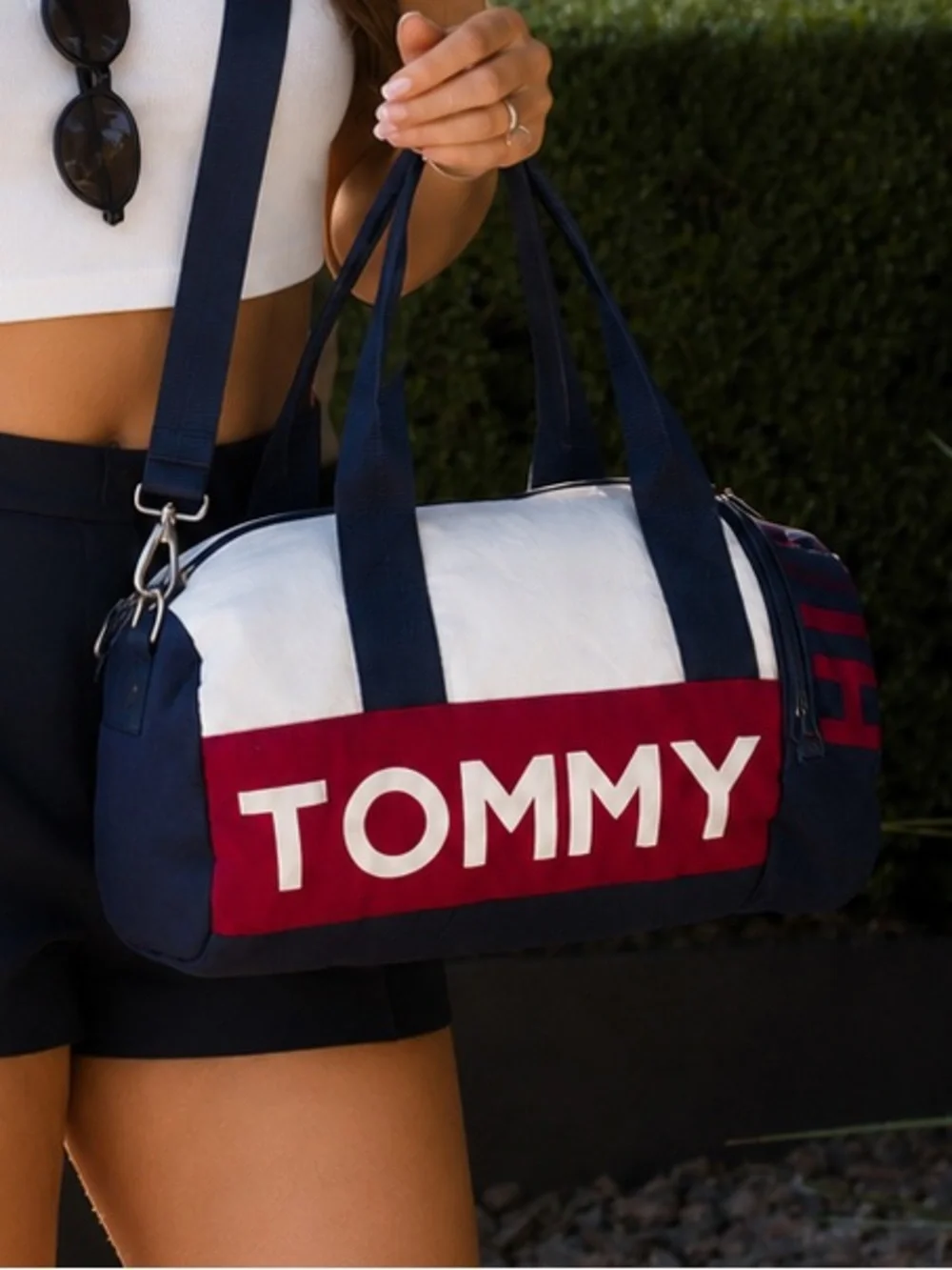 Tommy Hilfiger Mini Duffle Bag Red White Blue Canvas Crossbody Y2K Preppy